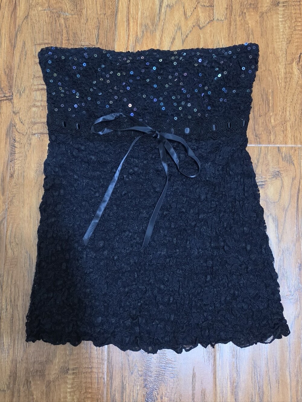 Vintage Ann Ferriday Black Rainbow Sequin Lace Mesh Tube Top Adjustable Ribbon